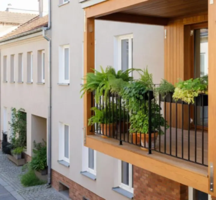 Nowoczesny balkon z drewnianymi elementami w centrum miasta